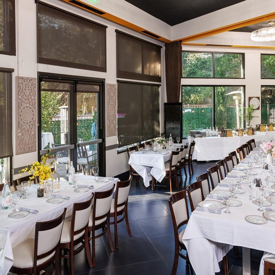 Banquet tables set for a private celebration