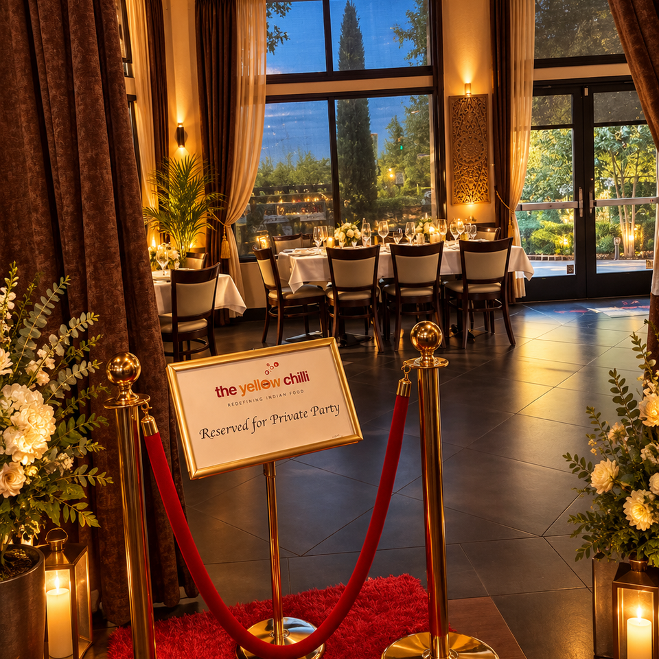 Private party entrance with red carpet and candlelit dining